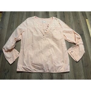 RuffHewn Shirts Women Size Large Peach Henley Lace Yoke Speckled Top